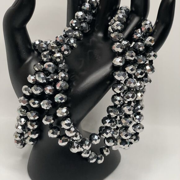 Silver Metallic 7mm Rondelle Faceted Cut Crystal Glass Bead 54" Boho Sparkly - Picture 3 of 7